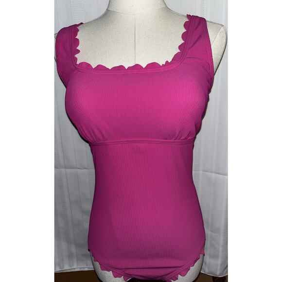 CHARMO Pink Ribbed Scalloped 1 Piece Swimsuit Womens Retro Modest Square Neck S - Picture 5 of 14